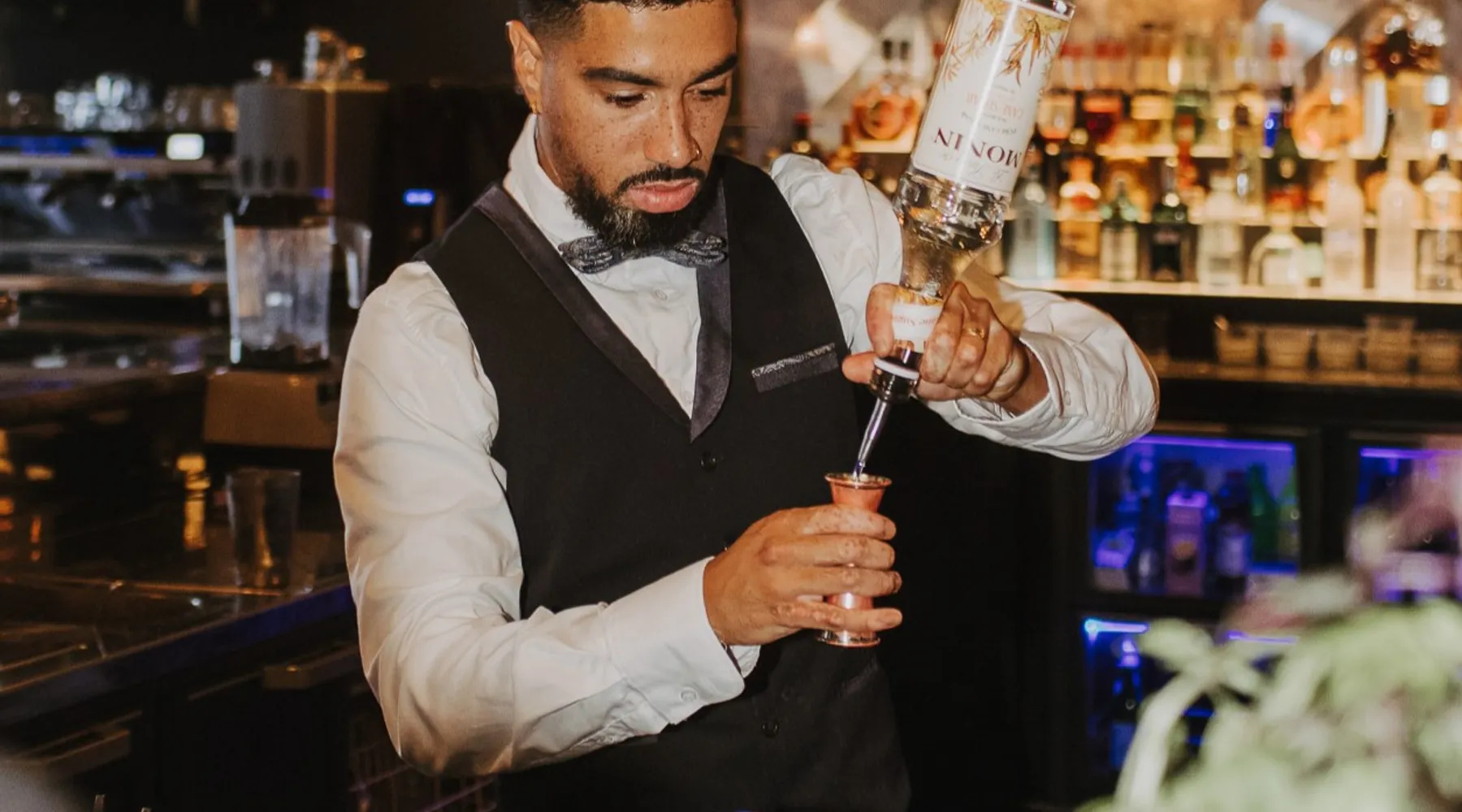 Cocktail preparation at Bar Moqum, with attention to detail