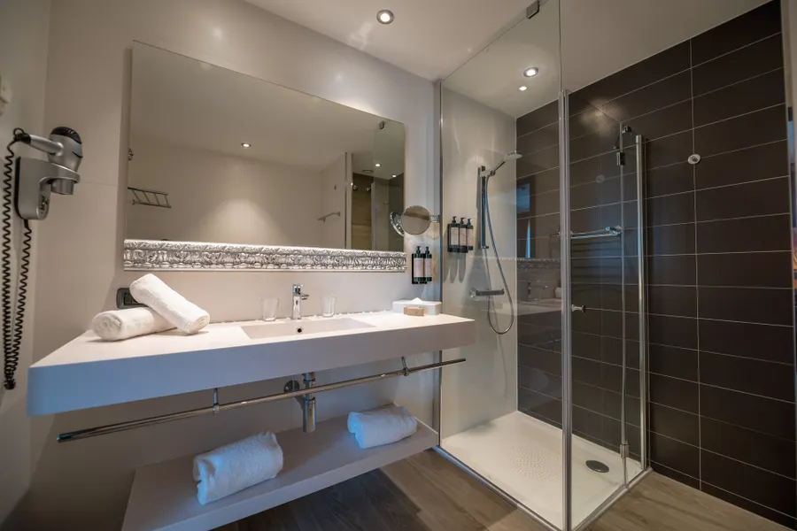 Salle de bain fonctionnelle et lumineuse de la chambre Classic Twin à Liège