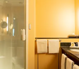 The bathroom of a standard room with a balcony