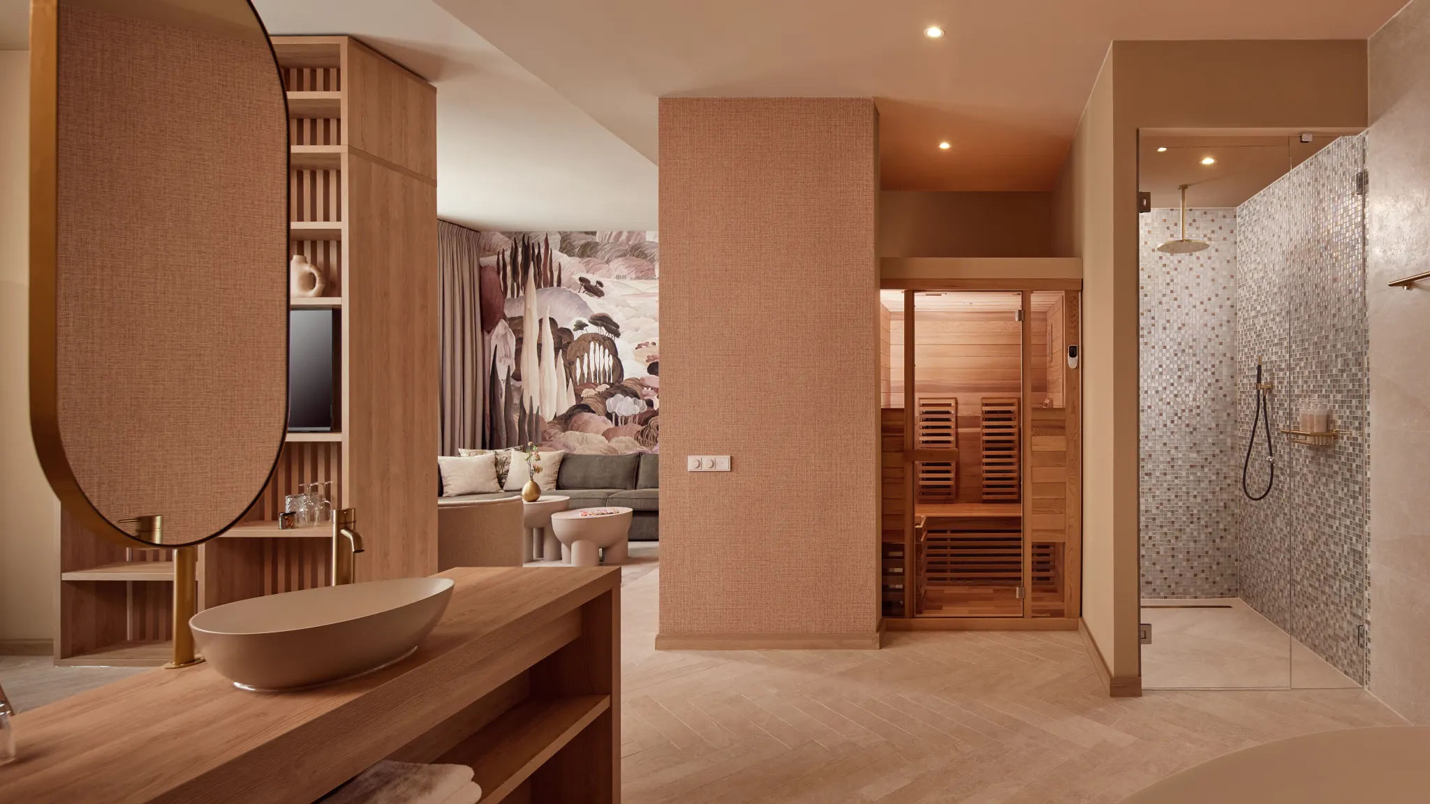 Suite bien-être avec salle de bains équipée d'une douche à effet pluie et sauna privé