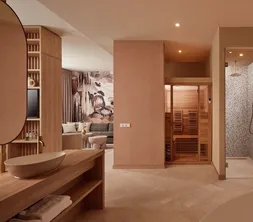 Suite bien-être avec salle de bains équipée d'une douche à effet pluie et sauna privé