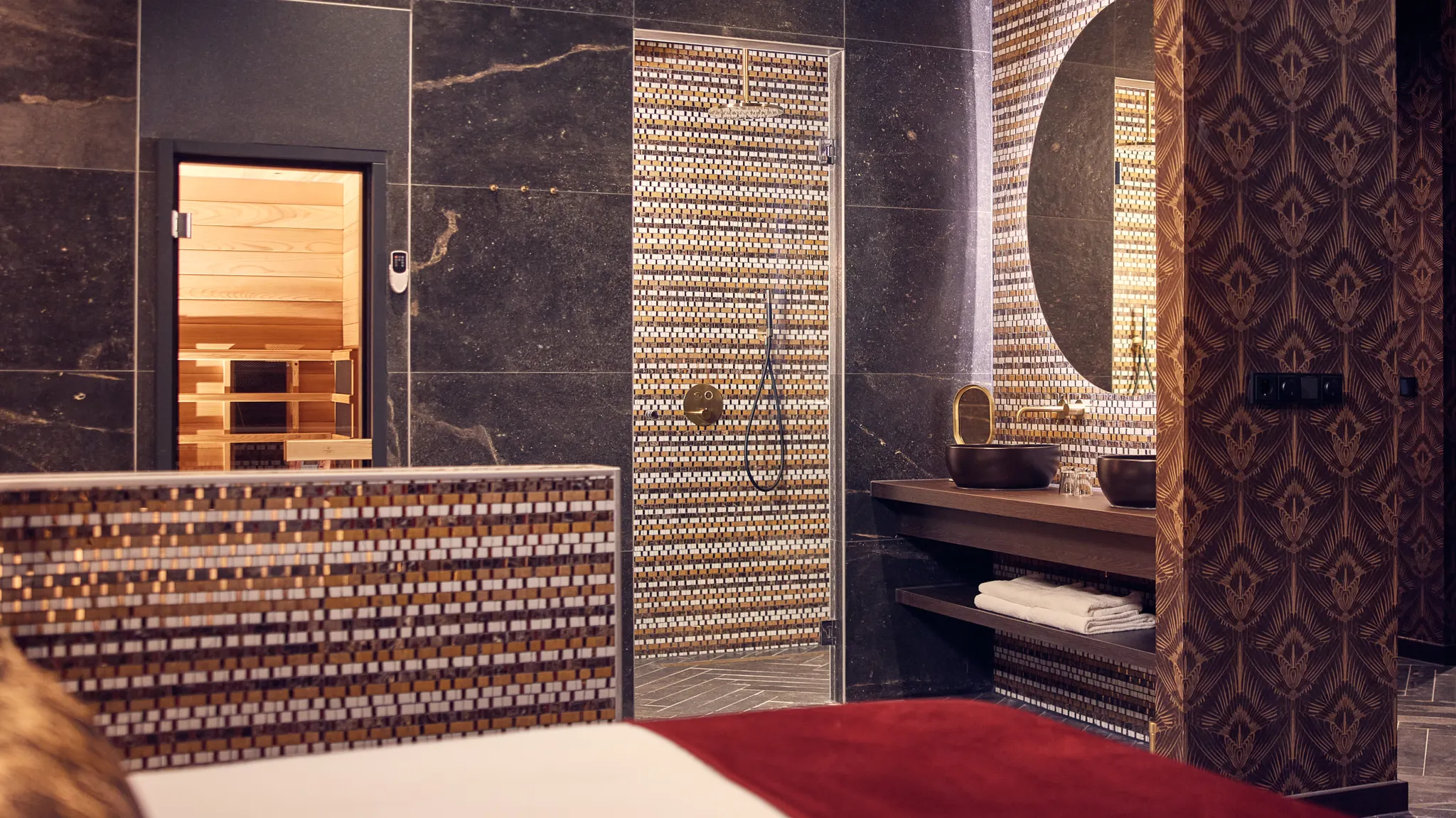 Modern bathroom with infrared cabin, rain shower, and double sink at Van der Valk Hotel Gorinchem-A15