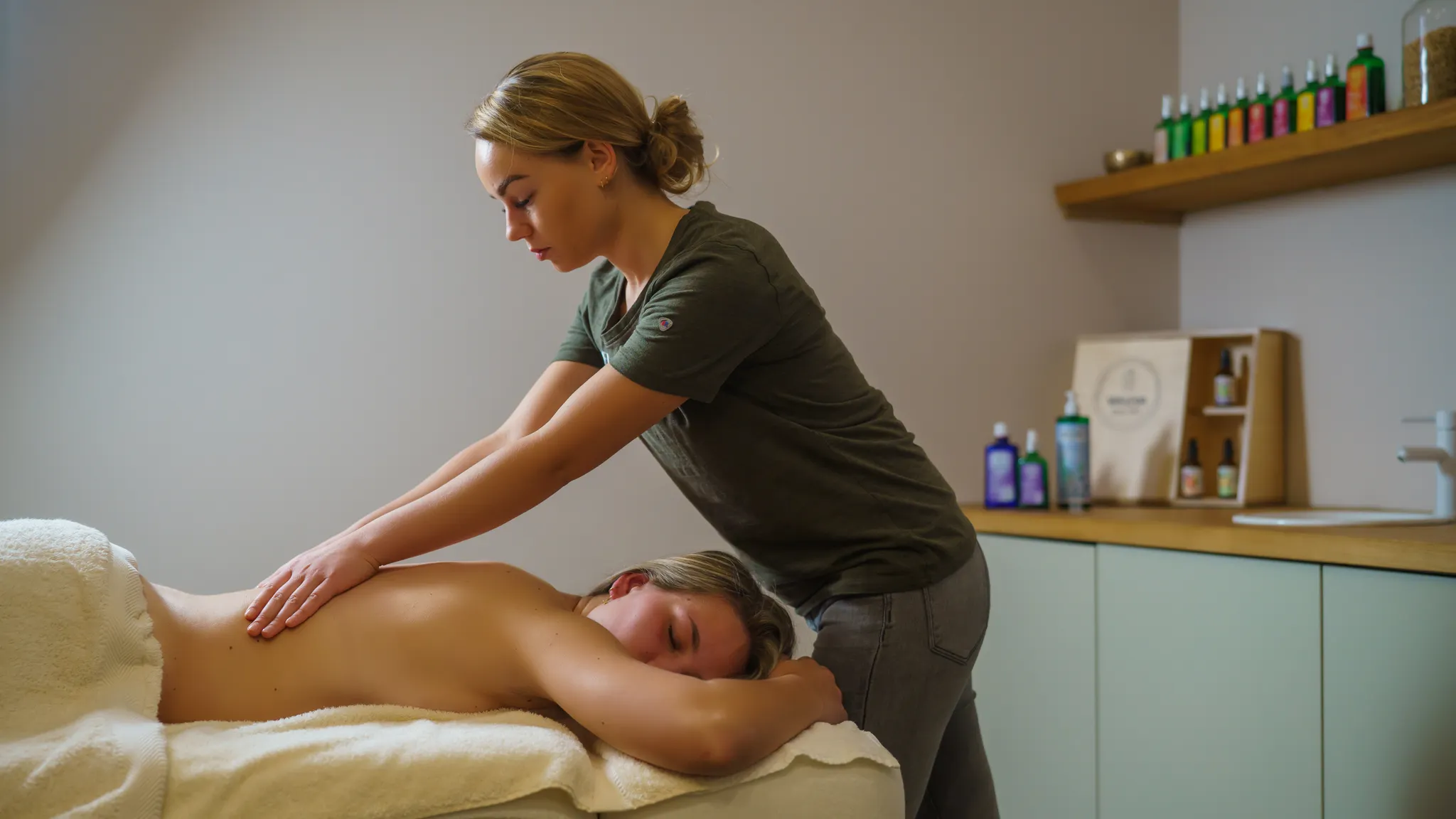 Ein Gast genießt eine entspannende Rückenmassage von einer professionellen Masseurin im wohltuenden WELEDA SPA.