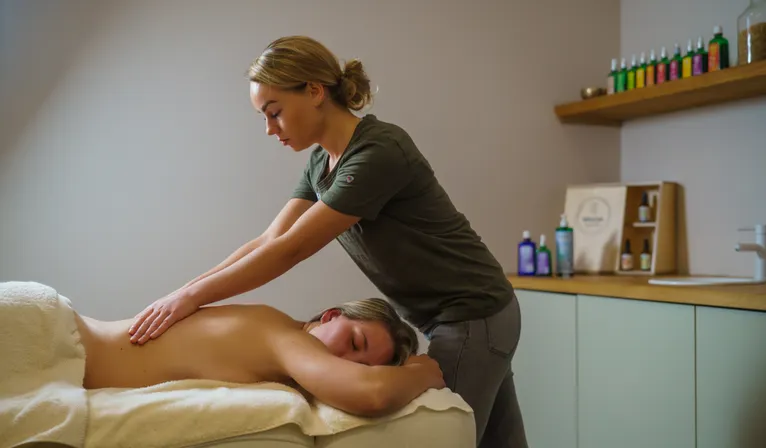 Ein Gast genießt eine entspannende Rückenmassage von einer professionellen Masseurin im wohltuenden WELEDA SPA.