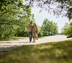Ein spazierendes Paar genießt die weiten Sandebenen und die bewaldete Umgebung der Loonse und Drunense Duinen.