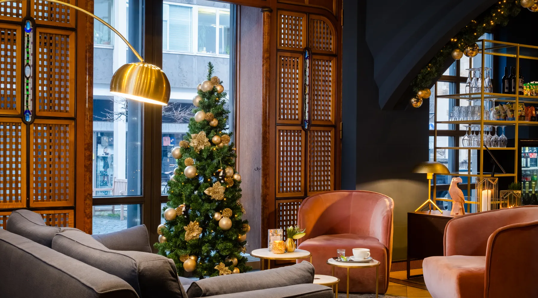 A seating area in our hotel lobby, festively decorated.