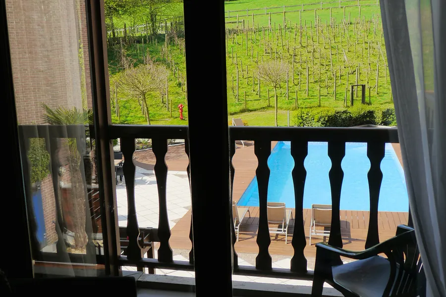 Vue sur la piscine depuis la chambre familiale à Nivelles